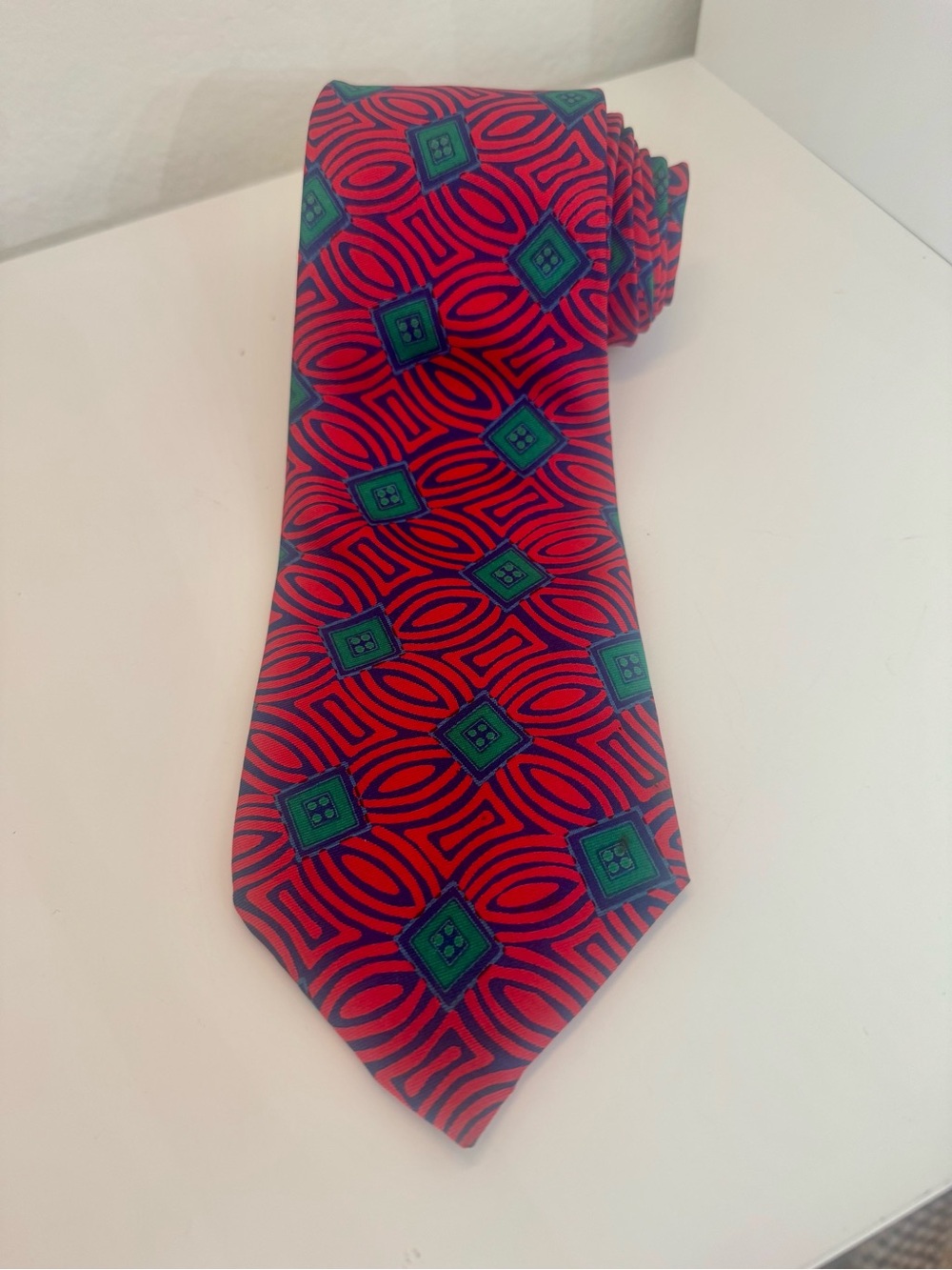 Turnbull & Asser Silk Tie Red Blue Geometric Made England
